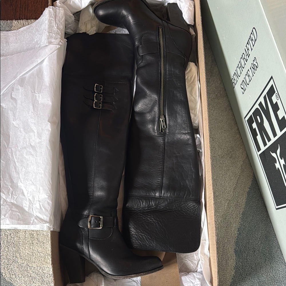 Frye Black Jenny Belted Leather OTK boots with Buckles